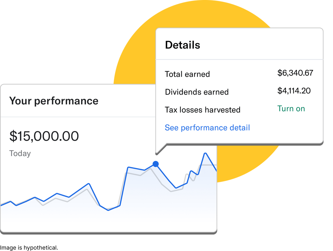 An example of a performance graph in the Crestwood Capital Management app, with total earnings, dividends, and tax losses harvested highlighted.